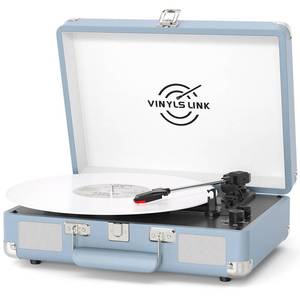 lot 21221 image: VINYLS LINK Vinyl Record Player Bluetooth, 3-Speed Turntable Vinyl Player with Built-in Stereo Speakers, Portable Suitcase Record Players with BassTreble Control, AUXRCAHeadphone Jack, Blue - Retail $55
