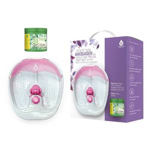 lot 21224 image: Pursonic Foot Spa Massager with Vibrating Bubbles & Tea Tree Oil Foot Salt Scrub with Epsom Salt 10oz Gift Set, Melts Away Stress and Revitalizes Tired Feet,Pink - Retail $40