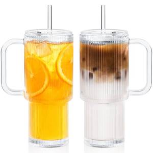 lot 21225 image: GOSCHE 26oz Glass Tumbler with Straws and Lids, Ribbed Iced Coffee Cups, Thickened Glass Cups Set Ideal for Coffee, Smoothies, Cocktails, and Juices, Clear, 2 Pack - Retail $22