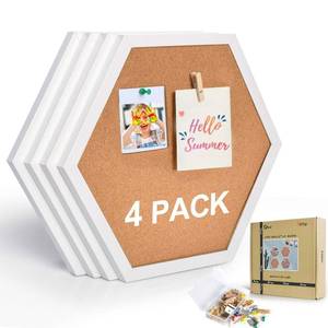 lot 21228 image: AkTop Cork Bulletin Board Hexagon 4 Pack, Small Framed Corkboard Tiles for Wall, Thick Decorative Display Boards for Home Office Decor, School Message Board with 16 Push Pin Wood Clips, White - Retail $29