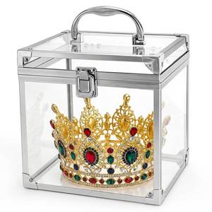 lot 21243 image: Okllen Crown Boxes for Pageants, Transparent Acrylic Portable Cosmetic Case, Crown Case for Vanity, Bathroom Counter, Dresser, Silver