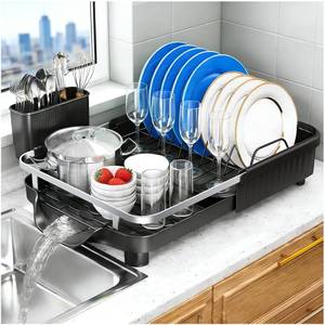lot 21248 image: Kmiectse Dish Drying Rack �� Expandable Dish Rack for Kitchen Counter, Stainless Steel Dish Drainer with Utensil Holder, Black - Retail $40