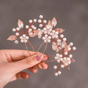 lot 21268 image: Heread Pearl Bride Wedding Hair Pins Leaf Bridal Head Piece Flower Hair Accessories for Women and Girls (Pack of 3) (Rose Gold) - Retail $12