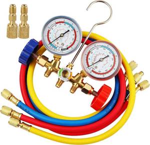 lot 21271 image: R410A Manifold Gauge Set, 3 Way AC Diagnostic Manifold Gauge Set for R410a R22 R134a R404a Refrigerant,Automotive AC Manifold R410a Adapters,with 3ft Hoses - Retail $26