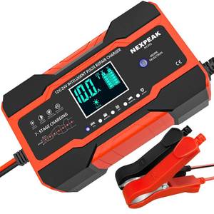 lot 21288 image: NEXPEAK NC201 10-Amp Battery Charger, Smart Trickle Charger 12V 24V Car Battery Charger Fully Automatic Maintainer Desulfator wTemp Compensation for Car Truck Lawn Mower Boat Marine Batteries - Retail $23