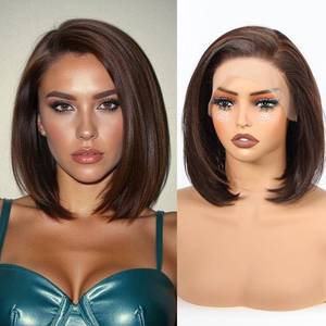 lot 21290 image: BLONDE UNICORN Brown Highlight 13�6 HD Bob Wig Synthetic Lace Front Wig Glueless Short Straight Bob Wigs for Women Daily Party Use 10IN - Retail $66