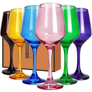 lot 21293 image: GLAZVIA Multi Colored Wine Glasses Set of 6, 14oz Stemmed Glasses, Thick & Colorful, Dishwasher Safe Stemware for Red or White, Gift for Party, Holiday, Anniversary, Restaurant, Home Bar - Retail $30