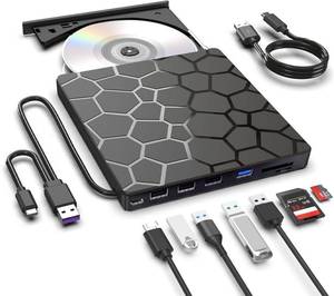 lot 21294 image: ASHDOL External CD DVD Drive,8 in 1 USB 3.0 and Type-C Disc Reader Writer Burner Player,Slim and Portable CD DVD -RW Optical Drive for PC Laptop Desktop MacBook Mac Windows Linux OS Apple (8 in 1) - Retail $24