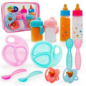lot 21296 image: Baby Doll Accessories Magic Bottle set Magic Disappearing Milk Juice Bottles Sippy Cups with Pacifiers Bowl Spoons, Doll Bottle Toys Feeding Pretend Playset for Kids Girls Ages 3 (Middle set(12pcs)) - Retail $10