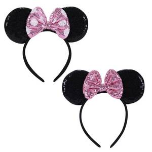 lot 21297 image: Twineek 2 Pcs Pink Mouse Ears Sequin Headbands,Shiny Bows Headbands, A Perfect Addition to Your Trip Essentials Accessories for Women Grils Princess Decoration Costume Cosplay - Retail $9