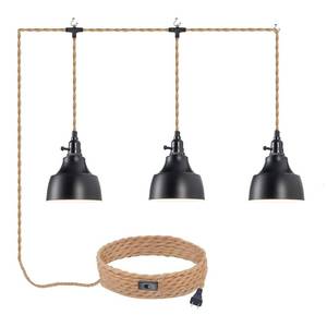 lot 21300 image: ALAISLYC 3 Light Plug in Pendant Light Cord 22FT Industrial Farmhouse Hanging Lamp with Twisted Hemp Rope Independent Triple Switch Hanging Light Chandelier for Dining Room Kitchen Black Finish - Retail $43