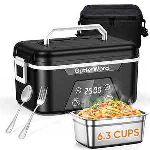 lot 21308 image: GutterWord Cordless Electric Lunch Box with Ice Crystal Box, 6.3 Cups Heated Lunch Box for Men with 20000mAh Battery Powered & Scheduled Heating, Portable Rechargeable Food Warmer with Utensil Set. Slightly damaged check photo - Retail $50