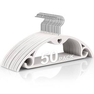 lot 21320 image: Plastic Hangers 50 Pack No Shoulder Bumps Ultra Thin Clothes Hanger for Space Saving, Suits, Heavy Duty Coat Clothes Shirt Dress White - Retail $32
