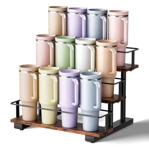 lot 21326 image: Wolera Stanley 40 oz Tumbler Compatible Organizer, 3-Tier Water Bottle Organizer with Wooden Shelves, Carbon Steel Rack Holds 12 Bottles, Kitchen & Bar Storage - Retail $37
