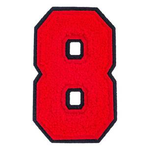 lot 21330 image: WinQuill 1 PCS 4.2 Inch Red Chenille Letter or Number Patches - Iron On Big Varsity Numerals, Large Numbers for Clothing, Backpacks, Hats, Jeans with Black Border (Red 8) - Retail $6