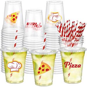 lot 21332 image: Newtay 60 Pcs 12oz Pizza Party Disposable Cups Bulk Pizza-themed Plastic Cups with Lids Straws Italian Party Favors for Birthday Baby Shower Decorations - Retail $23