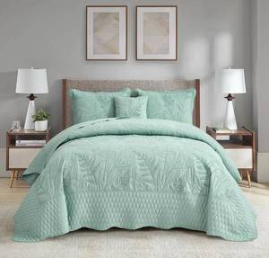 lot 21336 image: DaisyHuang Botanical Oversized Bedspread King Size - Leaves Pattern Stitching Quilt Set - Elegant & Fresh Style Bedding Coverlets, Reversible, Lightweight, 5 Piece, Seaglass - Retail $121