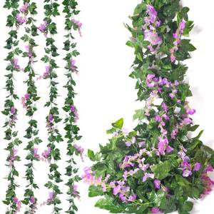 lot 21353 image: Mavee 28.8ft Artificial Wisteria Vine Garland (4x7.2ft), Silk Hanging Flowers Decor for Wedding Arch, Home Floral Arrangements - Purple - Retail $23