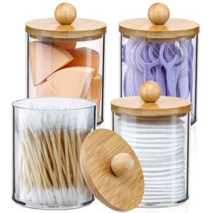 lot 21355 image: 4 Pack Qtip Holder Dispenser with Bamboo Lids - 10 oz Clear Plastic Apothecary Jar Containers for Vanity Makeup Organizer Storage - Bathroom Accessories Set for Cotton Swab, Ball, Pads, Floss - Retail $10