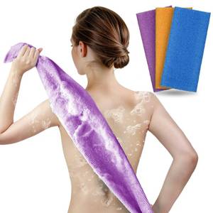 lot 21358 image: ARCH&M 3 Pack Exfoliating Towel for Body, 35-Inch Korean & Japanese Style Washcloth for Shower, Deep Clean & Smooth Skin, Nylon Back Scrubber, More Hygienic Than Loofah (Orange Purple Navy-Blue) - Retail $13