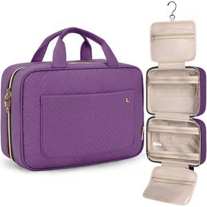 lot 21359 image: BAGSMART Toiletry Bag Travel Bag with Hanging Hook, Water-resistant Makeup Cosmetic Bag Travel Organizer for Accessories, Shampoo, Full Sized Container, Toiletries (Purple, Large) - Retail $25
