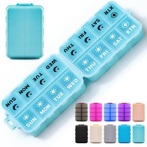lot 21364 image: Foldable Weekly Pill Organizer 2 Times a Day with 2 Extra Compartments (Clear Printed Labels) - Portable 7 Day AM PM Medicine Box, Week Daily Travel Pill Case Holder for Vitamin, Supplement - Sky Blue - Retail $10