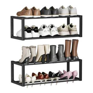 lot 21371 image: Homeiju Hanging Shoe Organizer,2 Pack Wall Mounted Shoe Rack Holds 12 Pairs,Space Saving Metal Wall Shoe Rack,Hanging Shoe Rack Shoe Holder for Small Space,Entryway,Closet,RV,Camper��Black - Retail $40