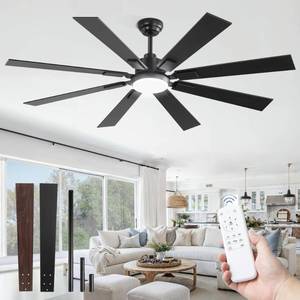 lot 21379 image: ZMISHIBO 62 inch Large Ceiling Fans with Lights and Remote, IndoorOutdoor Black Modern Ceiling Fan for Kitchen Living Room Patio, 6 Speed Reversible Quiet DC Motor, 3 CCT, Dual Finish 8 Blades - Retail $190