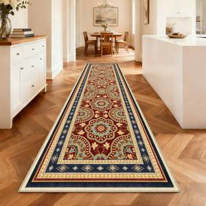 lot 21381 image: XSYarn Washable 2x8 Runner Rug, Soft Boho Kitchen Hallway Runner Rug TPR Non-Slip Low Pile Farmhouse Floor Mat for Bathroom Laundry Living Room Burgundy - Retail $30