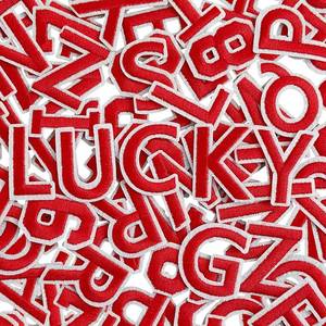 lot 21387 image: HWQVA 72Pcs Iron on Letters and Numbers Patches, Letter Patches Alphabet Embroidered Patch A-Z, Numbers 0-9 Applique for Clothes, Hat, Socks, Jeans, Jerseys, DIY Accessories - Red - Retail $8