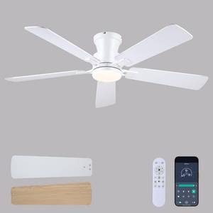 lot 21395 image: JSAITEE 52Inch Ceiling Fan with Lights and Remotes, Modern Low Profile Flush Mount Ceiling Fans,DC Reversible Motor, 3CCT Dimmable,Noiseless,Dual Finish, White 6 Speeds Ceiling Fan for IndoorOutdoor - Retail $70