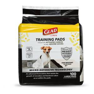 lot 21396 image: Glad for Pets Activated Carbon Puppy Training Pads with Anti-Microbial Technology, 23x23 100ct  Ultra Absorbent, Odor Control, Heavy Duty Puppy Potty Training Pads - Retail $26