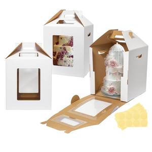 lot 21407 image: Wowxyz 3 Pack Tall Cake Boxes for Tier Cakes 10x10x12 Inch Disposable Layer Tall Cake Baking with Window Large Tierd Bakery Take Out Transport Containers with Handle for Wedding, Birthday, Party - Retail $17