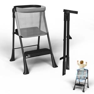 lot 21413 image: Toddler Tower Foldable, Foldable Toddler Standing Tower for Bathroom Sink or Kitchen Counter with Safety Net, Suitable for 1-6 Years��Black-White - Retail $150