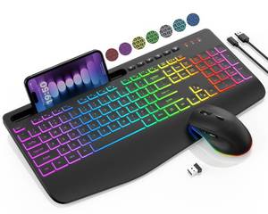 lot 21419 image: Wireless Keyboard and Mouse Combo - 9 Backlit Effects, RGB, Ergo Wrist Rest, Phone Holder, 2.4G Full Size, Rechargeable, Sleep Mode, KM22 MAX Quiet Set for Computer, PC, Laptop, Mac, Windows- SABLUTE - Retail $34