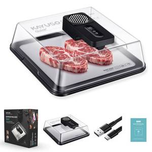 lot 21420 image: Defrosting Tray for Frozen Meat, USB Rechargeable Meat Defrosting Box with Lid, Aluminum Defrosting Tray BBQ, Airflow Technology, Non Stick Easy to Clean (Black) - Retail $60