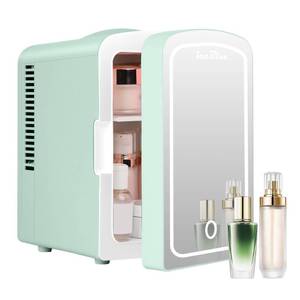 lot 20072 image: Iceblue Mini Fridge, Skincare Fridge with Dimmable LED Light Mirror, 4 Liter 6 Cans Small Refrigerator for Beauty & Beverages,Mini Fridge for Bedroom, Car, Office & Dorm, Gift - Green