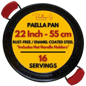 lot 20076 image: Paelluxe Paella Pan Enamelled, No-Rust Steel Skillet Easy-to-Clean Pan for Propane & Gas Burners Indoor & Outdoor Cooking Cacerola Paellera Sarten 22 Inch, for 16 Servings