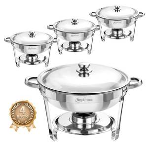 lot 20093 image: NEWKITCHEN Chafing Dishes for Buffet 4 Pack, 5 QT Round Chafing Dishes for Buffet Elegant Silver Colors Stainless Steel Chafing Dish Buffet Set for Any Party