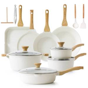 lot 20115 image: SENSARTE Nonstick Ceramic Cookware Set, 23 PCS Pots and Pans Non Toxic, PFAS & PFOA Free, Non Stick Healthy Kitchen Cooking Set with Stay-Cool Handles, White one handle broke
