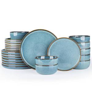 lot 20119 image: GBHOME Ceramic Dinnerware Sets for 8, 24 Pieces Stoneware Plates and Bowls Sets, Scratch Resistant Dishes, Dishwasher & Microwave Safe, Reactive Glaze-Space Blue Three bowls broken