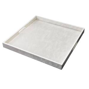 lot 20144 image: LNFUMS 35  35 inches Leather Rectangle Serving Tray with Hole Handles,High-End Light Large Service Tray for Ottoman Tray, Tea, Food, Butler - Countertop, Kitchen, Family Dinner, Picnic (White)