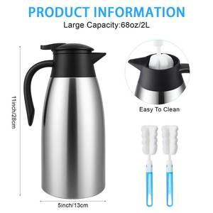lot 22097 image: 68 Oz Thermal Coffee Carafe with PCS Brushes, SUS 304 Stainless Steel Double Walled Vacuum Insulated Coffee Carafes for Keeping Hot 12 Hours, Cold 24 Hours, Carafe for Hot Liquids, Beverages