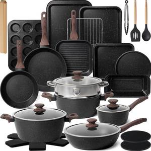 lot 22130 image: Kikcoin Pots and Pans Set Non Stick 31 Piece Kitchen Nonstick Cooking Cookware Sets with Grill Pan Saucepan Baking Sheet Utensil, Black