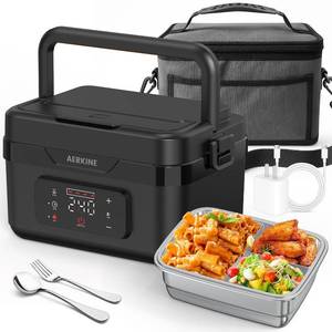 lot 23035 image: AERKINE Electric Lunch Box - Rechargeable 75W Self-Heating Food Warmer with 6.3 Cups(1.5L) Stainless Steel Container, Heated Lunch Box For Office, Picnic, Car & Outdoor Use (Black)