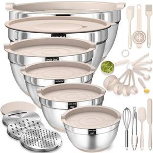 lot 23039 image: Mixing Bowls with Airtight Lids Set, 26PCS Stainless Steel Khaki Bowls with Grater Attachments, Non-Slip Bottoms & Kitchen Gadgets Set, Size 7, 4, 2.5, 2.0,1.5, 1QT, Great for Mixing & Serving