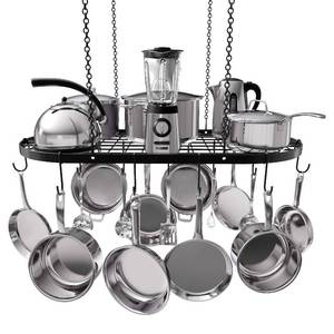 lot 23043 image: Vdomus Heavy-Duty Hanging Pot Rack - 33x17 Inches - Stylish Black Alloy Steel Ceiling Storage with 15 Hooks - Organize Kitchen Cookware and Utensils - Space-Saving Mounted Overhead Holder