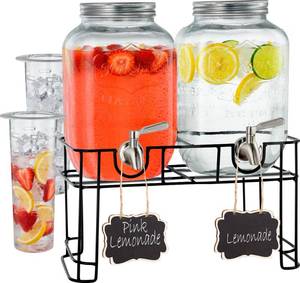 lot 23049 image: FineDine 2 Pack Glass Drink Dispenser with Stand & Stainless Steel Spigot 1 Gallon drink dispensers for parties, glass beverage dispenser Set, punch bowl for Lemonade, Juice, Infused Water & More