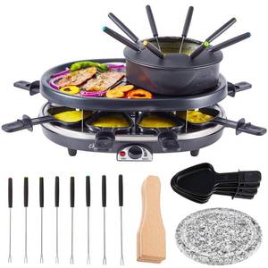 lot 23053 image: Electric Fondue Pot Set, Cheese Fondue Pot and Chocolate Fondue Kit, Portable BBQ Grill with Raclette Grill Plate,8 Fondue Forks,8 Small Nonstick Pans for 8 People Parties