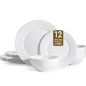 lot 23054 image: KINGSTONE Bone China Dinnerware Set, 12-Piece White Lightweight Porcelain for 4, Plates and Bowls with Rhombus patterned edge design, Microwave and Dishwasher Safe, for Family, Restaurant, Gifting